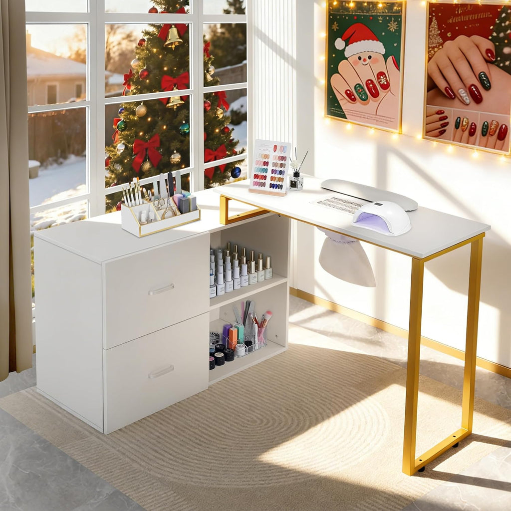 Acetone Proof Manicure Table | Nail Tech Desk with Gold Handles & Built‑in Power Strip