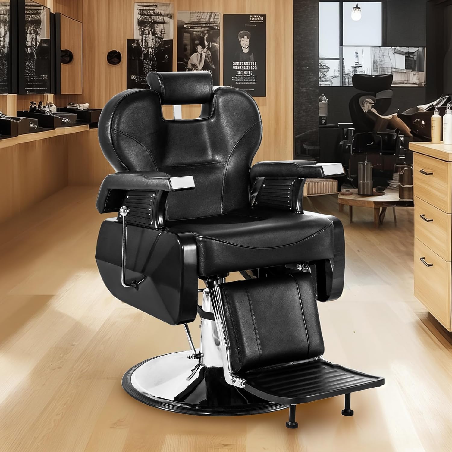 Hydraulic Barber Chair Black & Gold | 360° Swivel Reclining Salon Chair for Barbershop