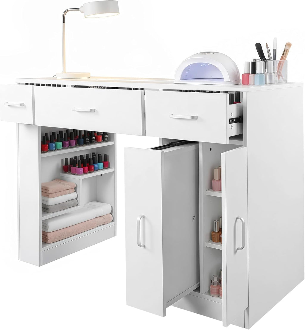 Acetone Proof Manicure Table | Nail Tech Desk with Dust Collector & Storage Drawers