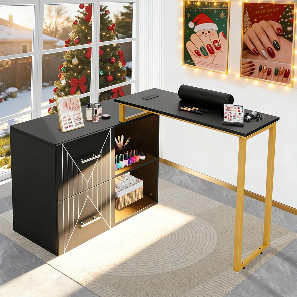 Acetone Proof Manicure Table | Nail Tech Desk with Gold Handles & Built‑in Power Strip