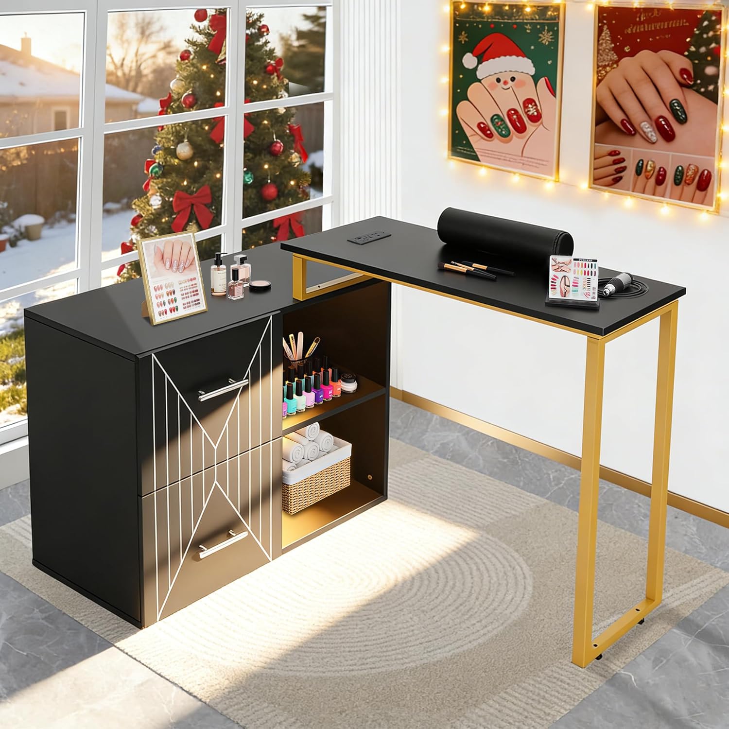 Acetone Proof Manicure Table | Nail Tech Desk with Gold Handles & Built‑in Power Strip