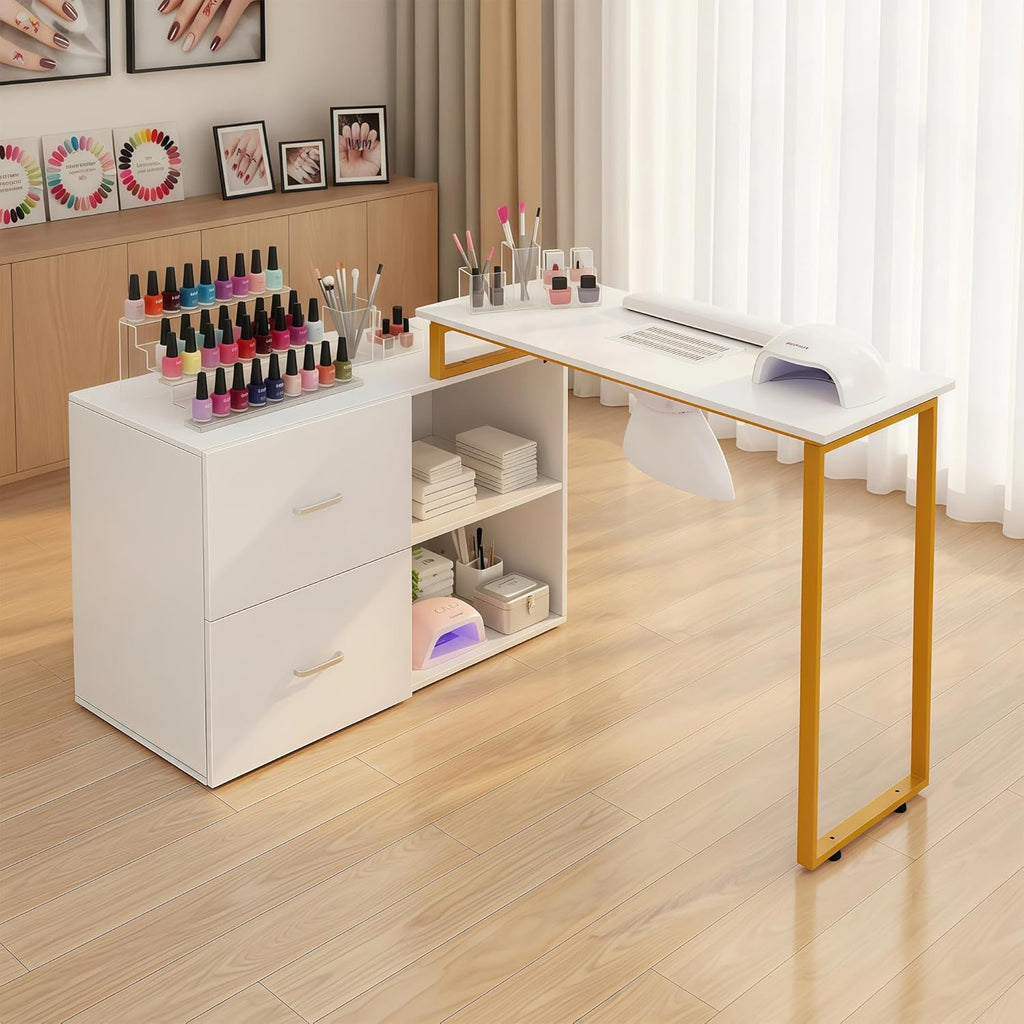 Acetone Proof Manicure Table | Nail Tech Desk with Gold Handles & Built‑in Power Strip