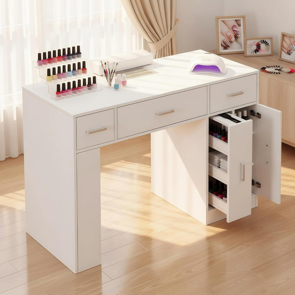 Acetone Proof Manicure Table | Nail Tech Desk with Dust Collector & Storage Drawers