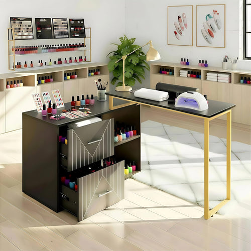 Acetone Proof Manicure Table | Nail Tech Desk with Gold Handles & Built‑in Power Strip