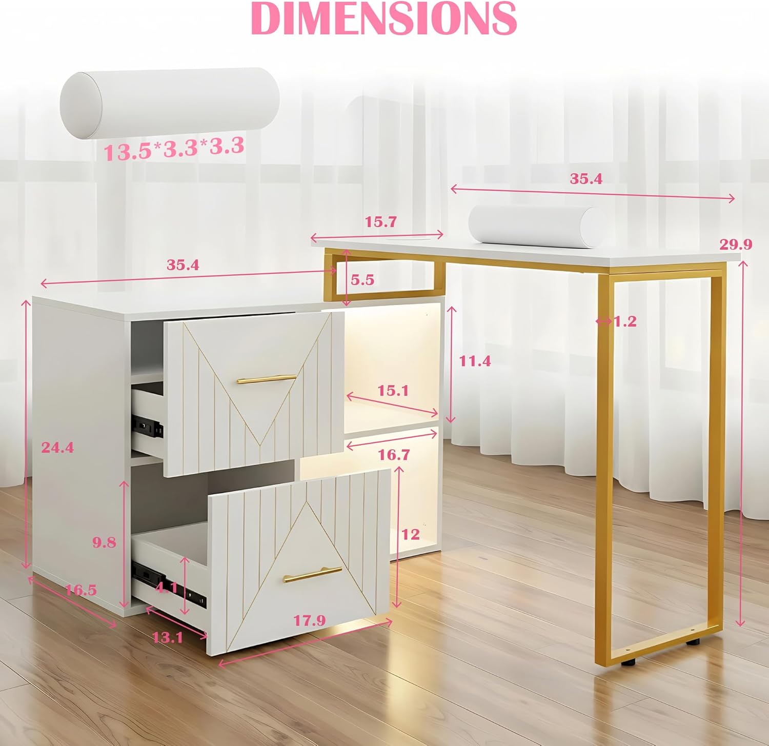 Manicure Table Nail Desk, Acetone Proof Nail Tech Desk with Gold Plated Handles, 2-Drawer Manicure Station