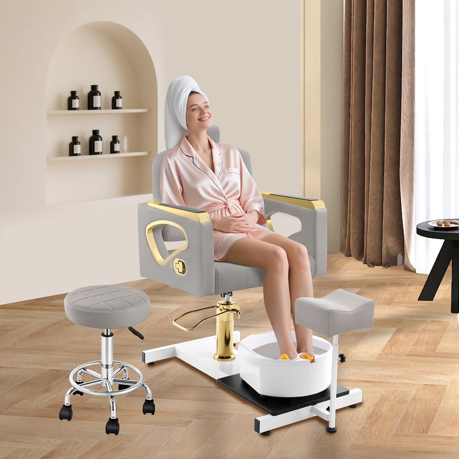 Portable No-Plumbing Pedicure Chair | Reclining Foot Spa Station with 360° Swivel