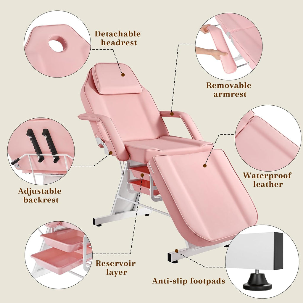 Multi-Use Facial Tattoo Chair | 3-Section Lash Bed Massage Table with Hydraulic Stool