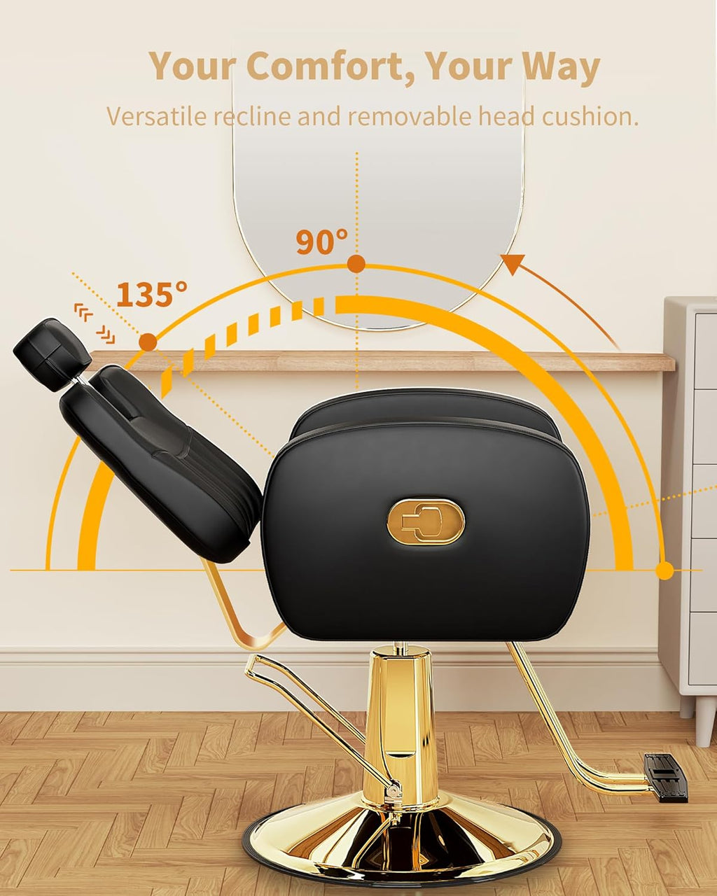 【Hicomony】Black & Gold Hydraulic Salon Chair | 440LBS Reclining Barber Chair with Removable Headrest