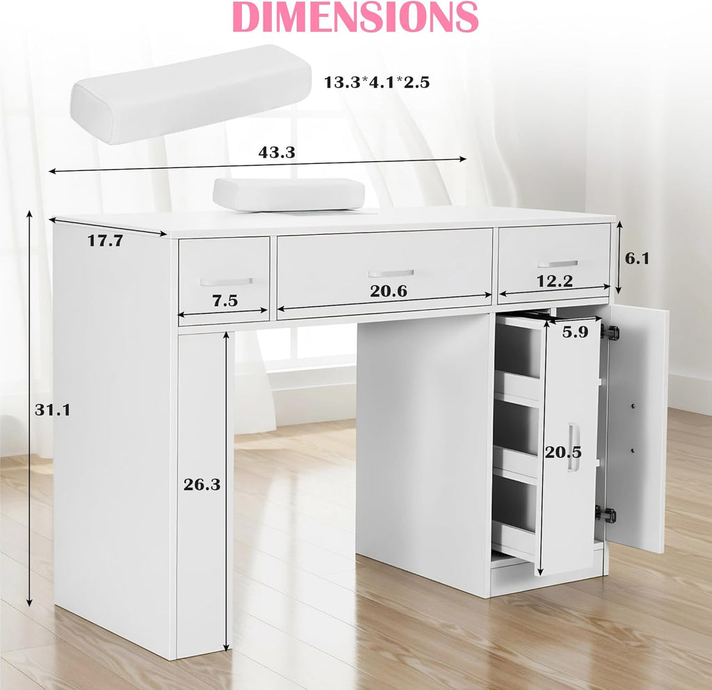 Acetone Proof Manicure Table | Nail Tech Desk with Dust Collector & Storage Drawers