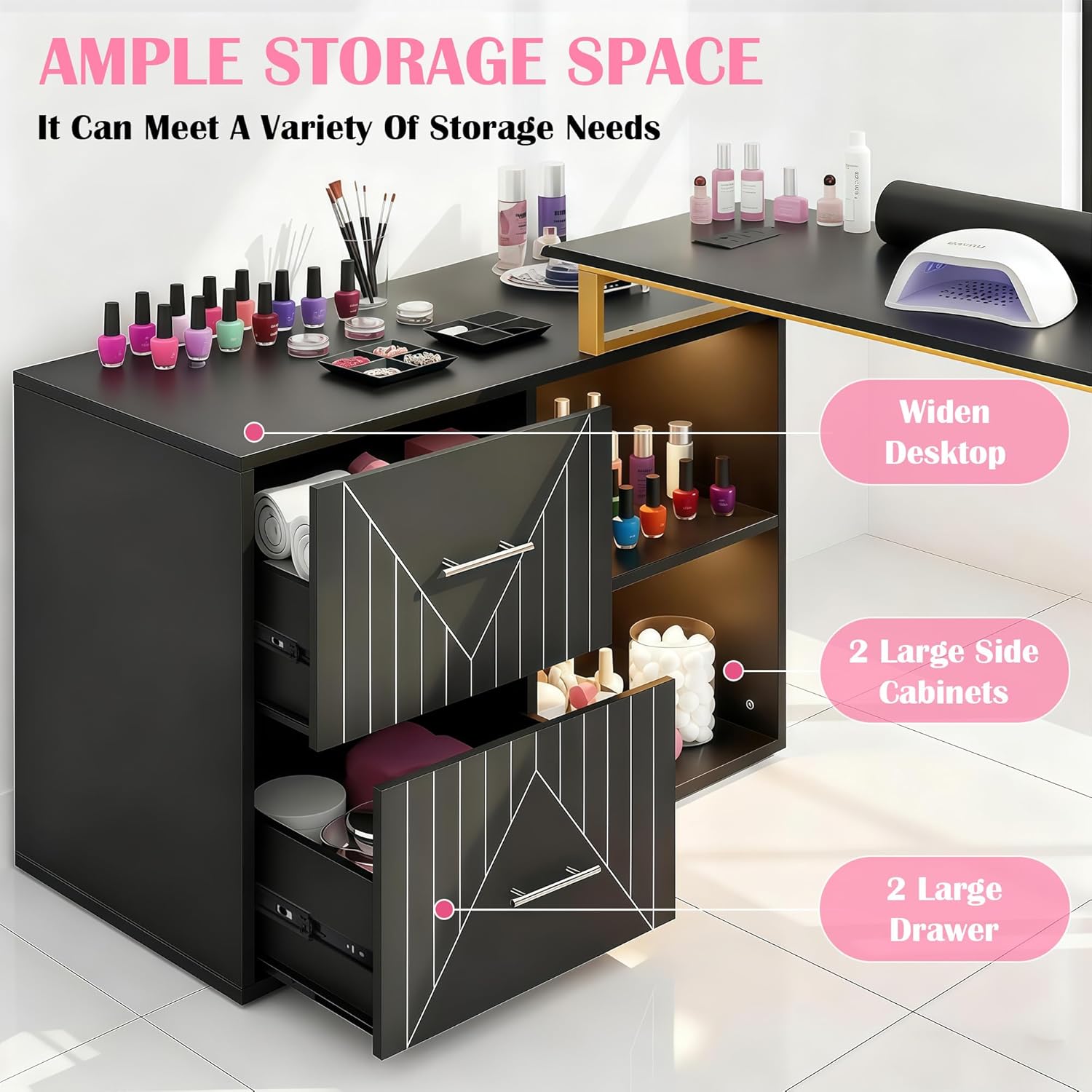 Acetone Proof Manicure Table | Nail Tech Desk with Gold Handles & Built‑in Power Strip