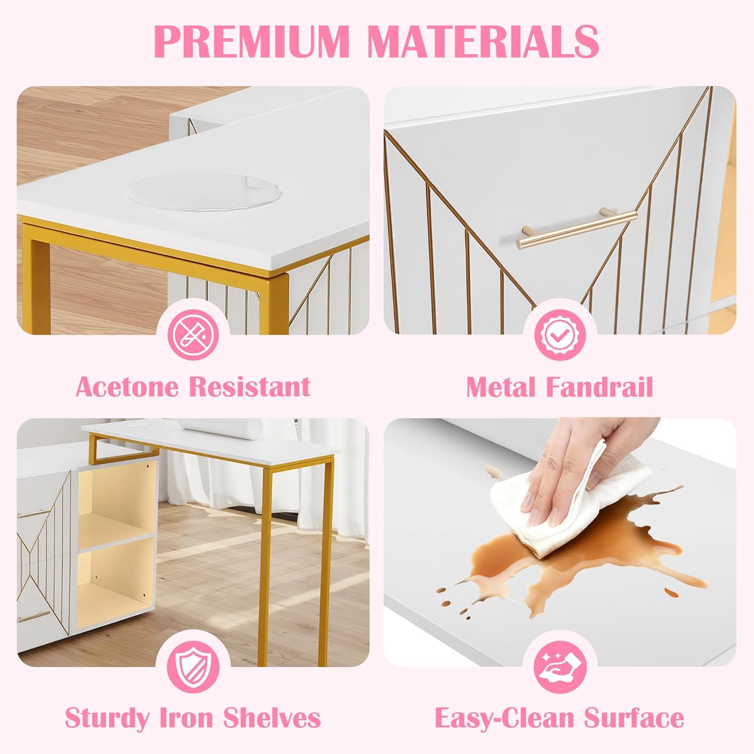 Manicure Table Nail Desk, Acetone Proof Nail Tech Desk with Gold Plated Handles, 2-Drawer Manicure Station