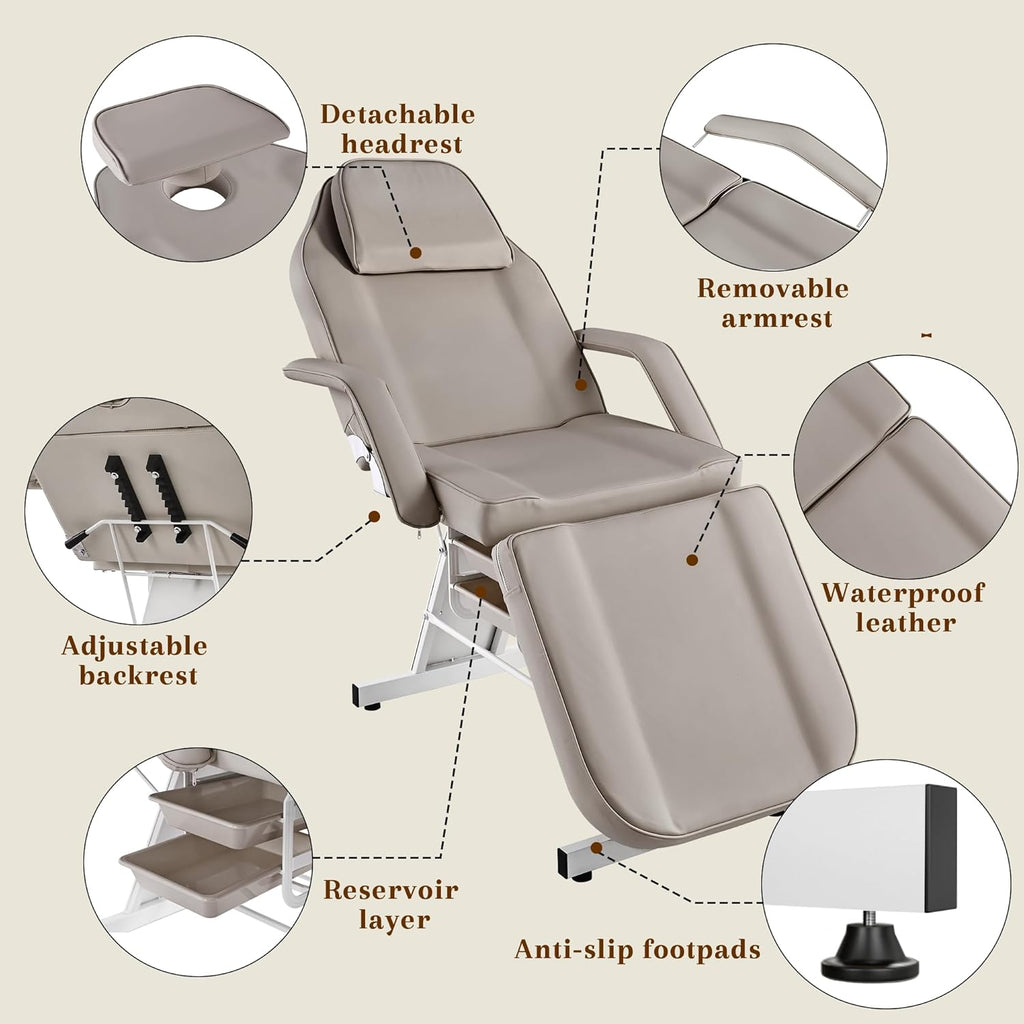 Multi-Use Facial Tattoo Chair | 3-Section Lash Bed Massage Table with Hydraulic Stool
