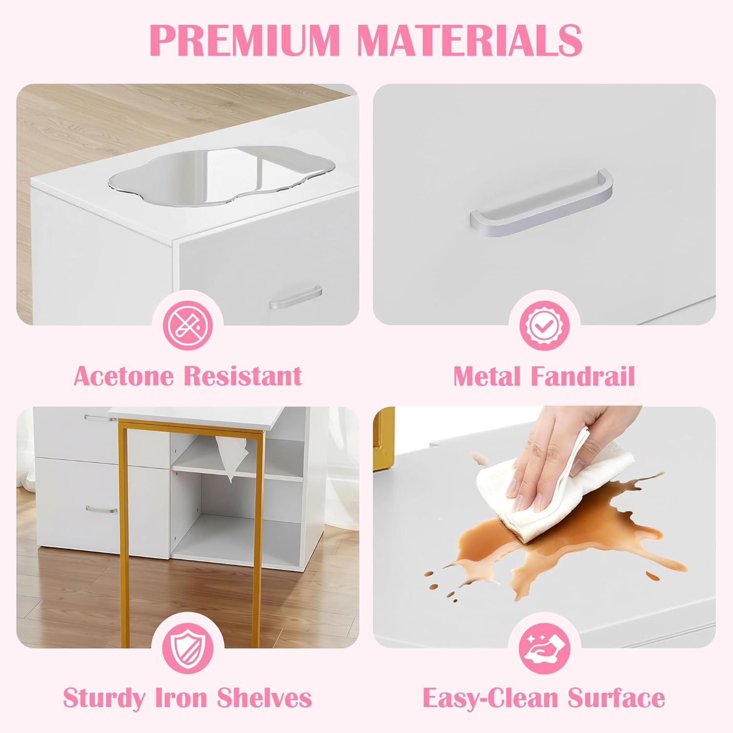 Acetone Proof Manicure Table | Nail Tech Desk with Gold Handles & Built‑in Power Strip