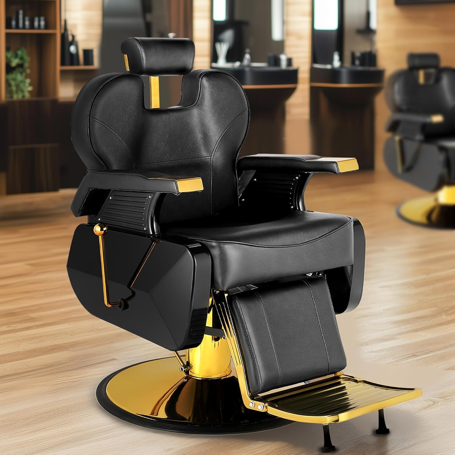 Hydraulic Barber Chair Black & Gold | 360° Swivel Reclining Salon Chair for Barbershop