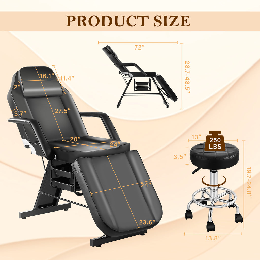 Multi-Use Facial Tattoo Chair | 3-Section Lash Bed Massage Table with Hydraulic Stool
