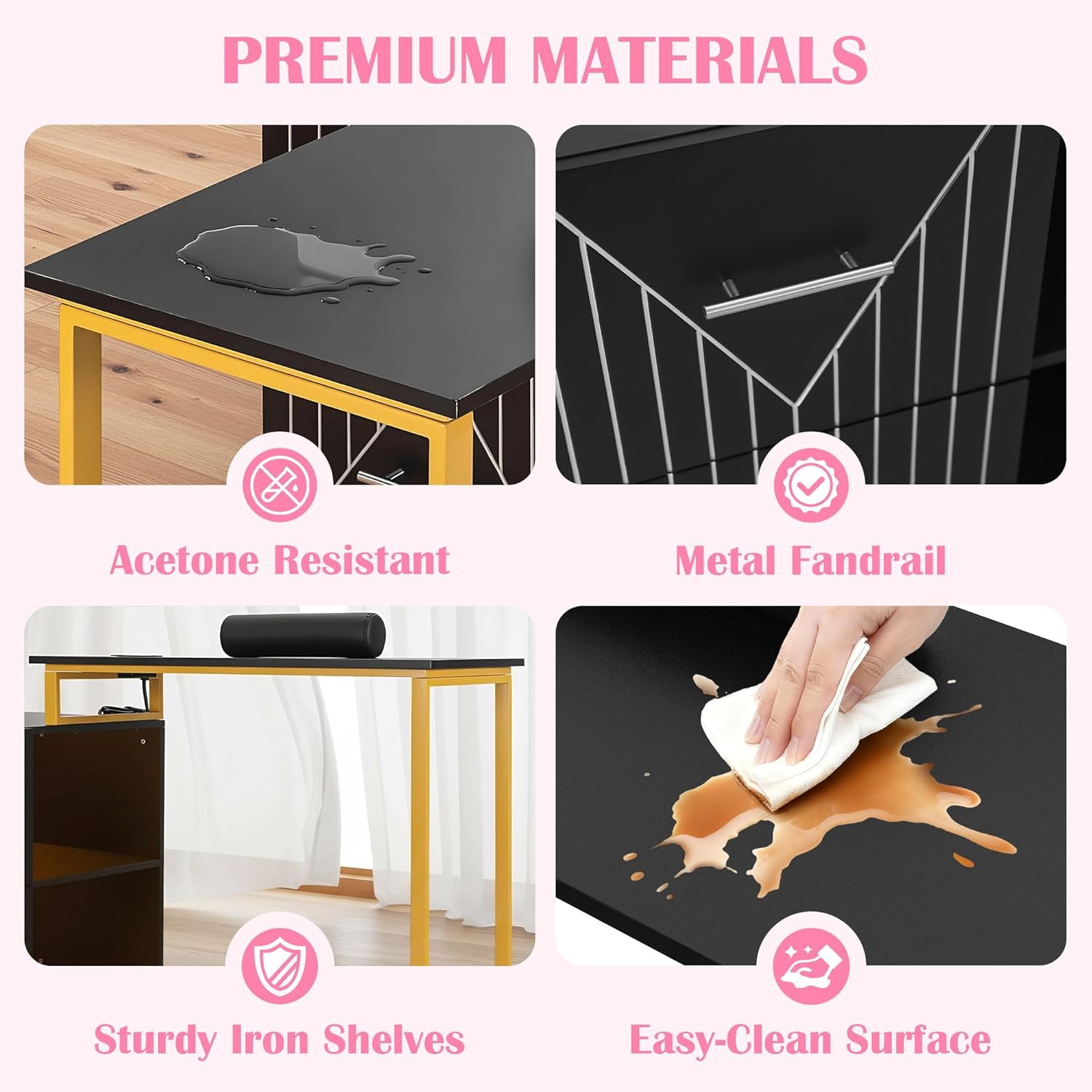 Acetone Proof Manicure Table | Nail Tech Desk with Gold Handles & Built‑in Power Strip