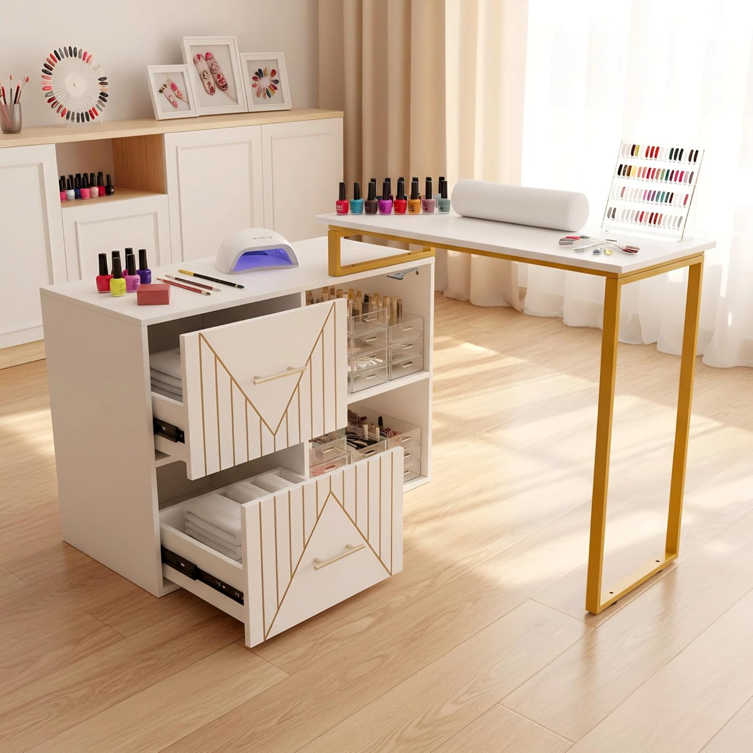 Manicure Table Nail Desk, Acetone Proof Nail Tech Desk with Gold Plated Handles, 2-Drawer Manicure Station