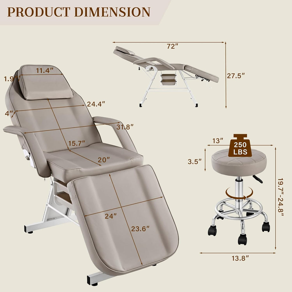 Multi-Use Facial Tattoo Chair | 3-Section Lash Bed Massage Table with Hydraulic Stool
