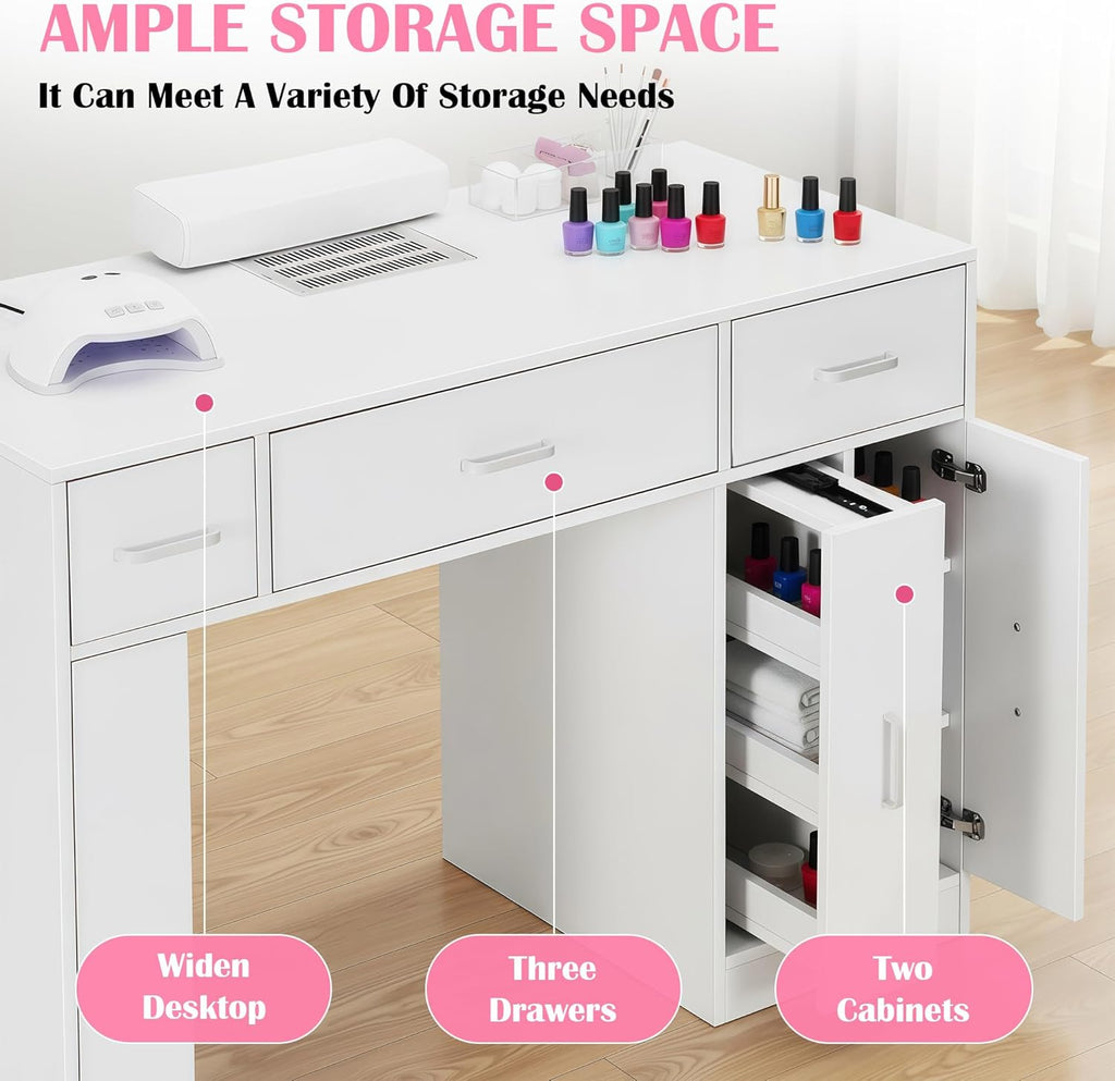 Acetone Proof Manicure Table | Nail Tech Desk with Dust Collector & Storage Drawers