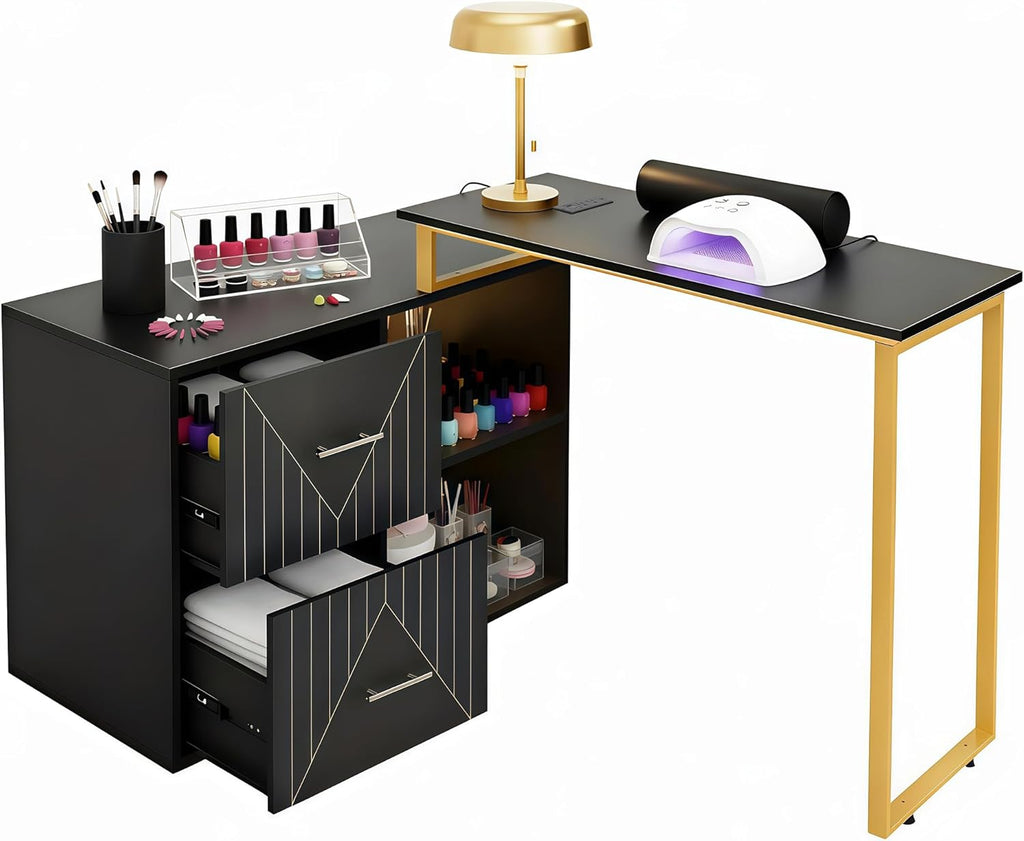 Acetone Proof Manicure Table | Nail Tech Desk with Gold Handles & Built‑in Power Strip