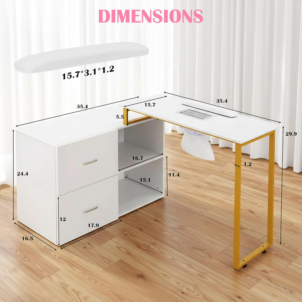 Acetone Proof Manicure Table | Nail Tech Desk with Gold Handles & Built‑in Power Strip
