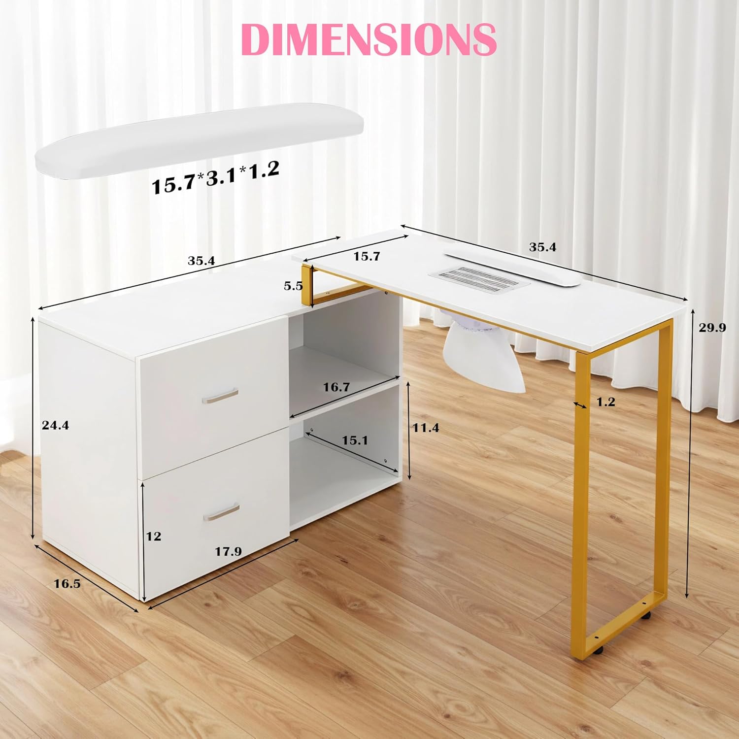 Acetone Proof Manicure Table | Nail Tech Desk with Gold Handles & Built‑in Power Strip