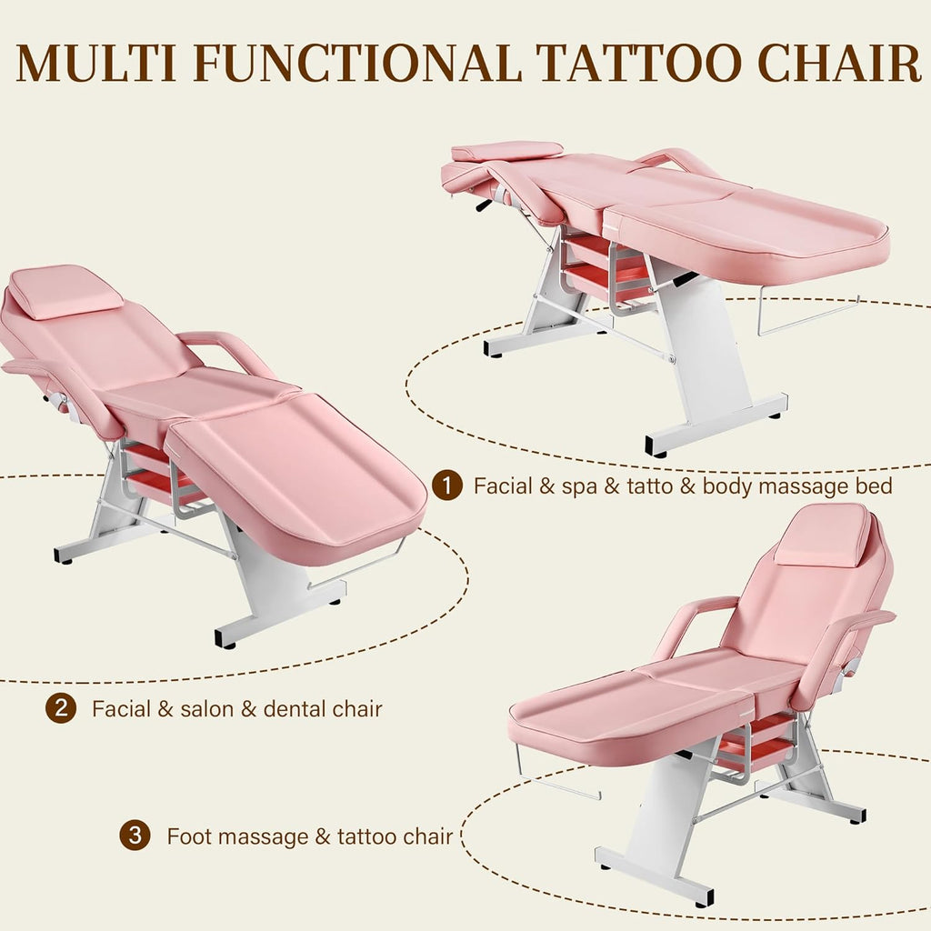 Multi-Use Facial Tattoo Chair | 3-Section Lash Bed Massage Table with Hydraulic Stool