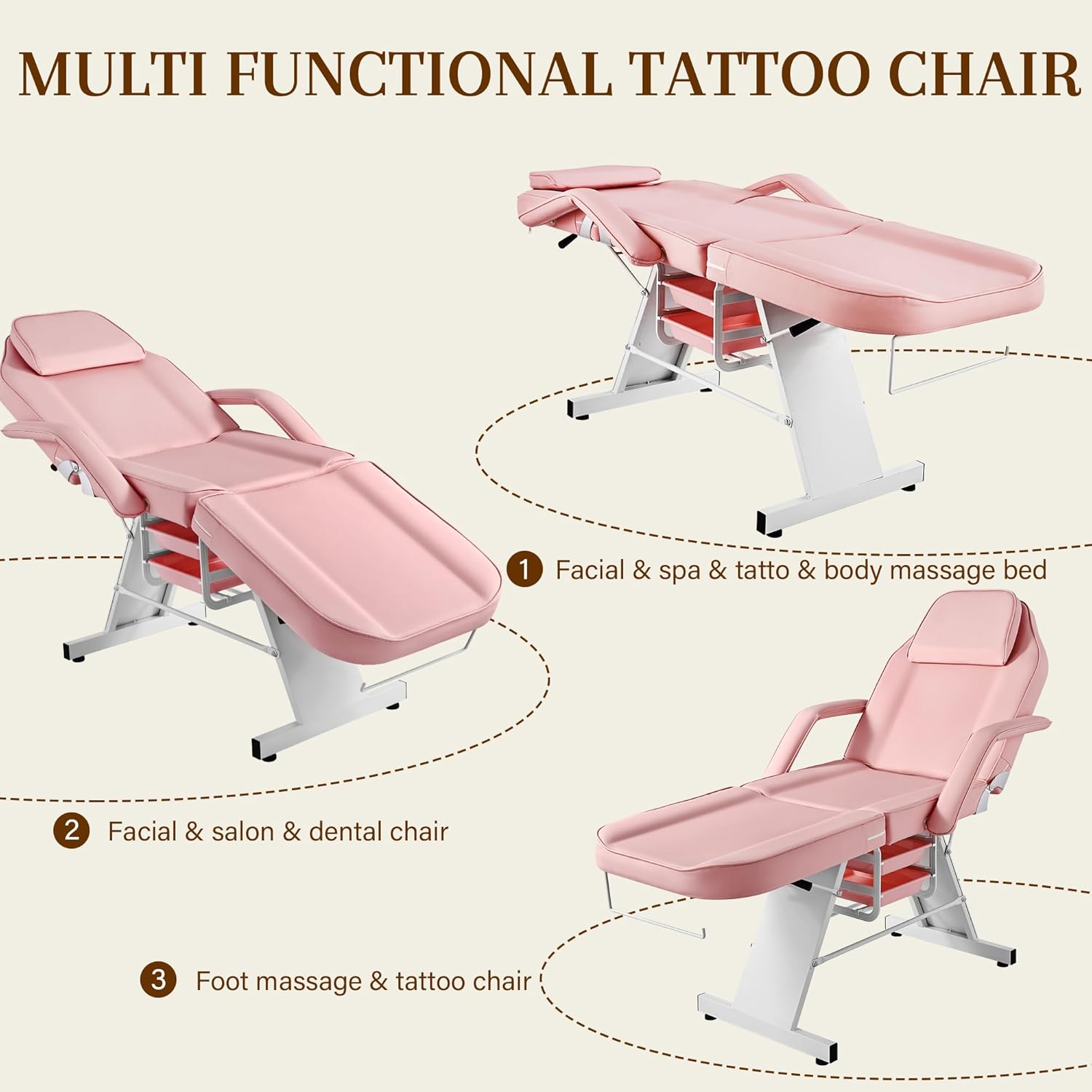 Multi-Use Facial Tattoo Chair | 3-Section Lash Bed Massage Table with Hydraulic Stool