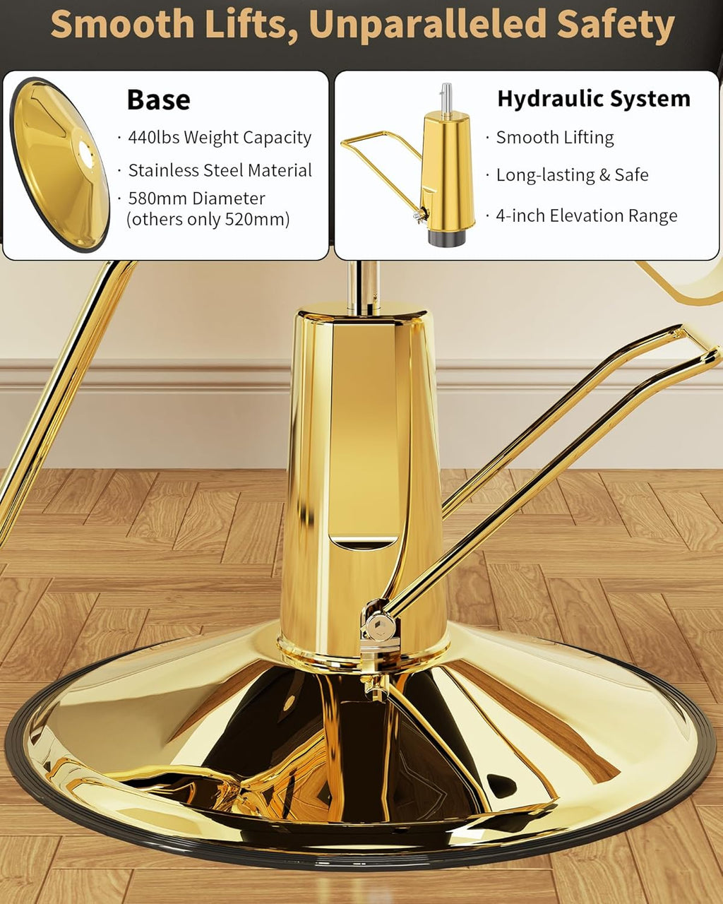 【Hicomony】Black & Gold Hydraulic Salon Chair | 440LBS Reclining Barber Chair with Removable Headrest