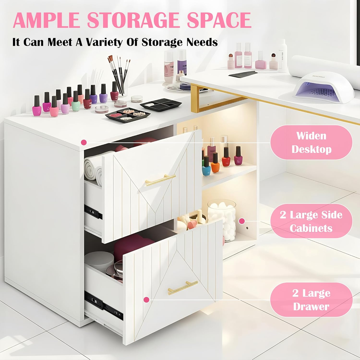 Manicure Table Nail Desk, Acetone Proof Nail Tech Desk with Gold Plated Handles, 2-Drawer Manicure Station