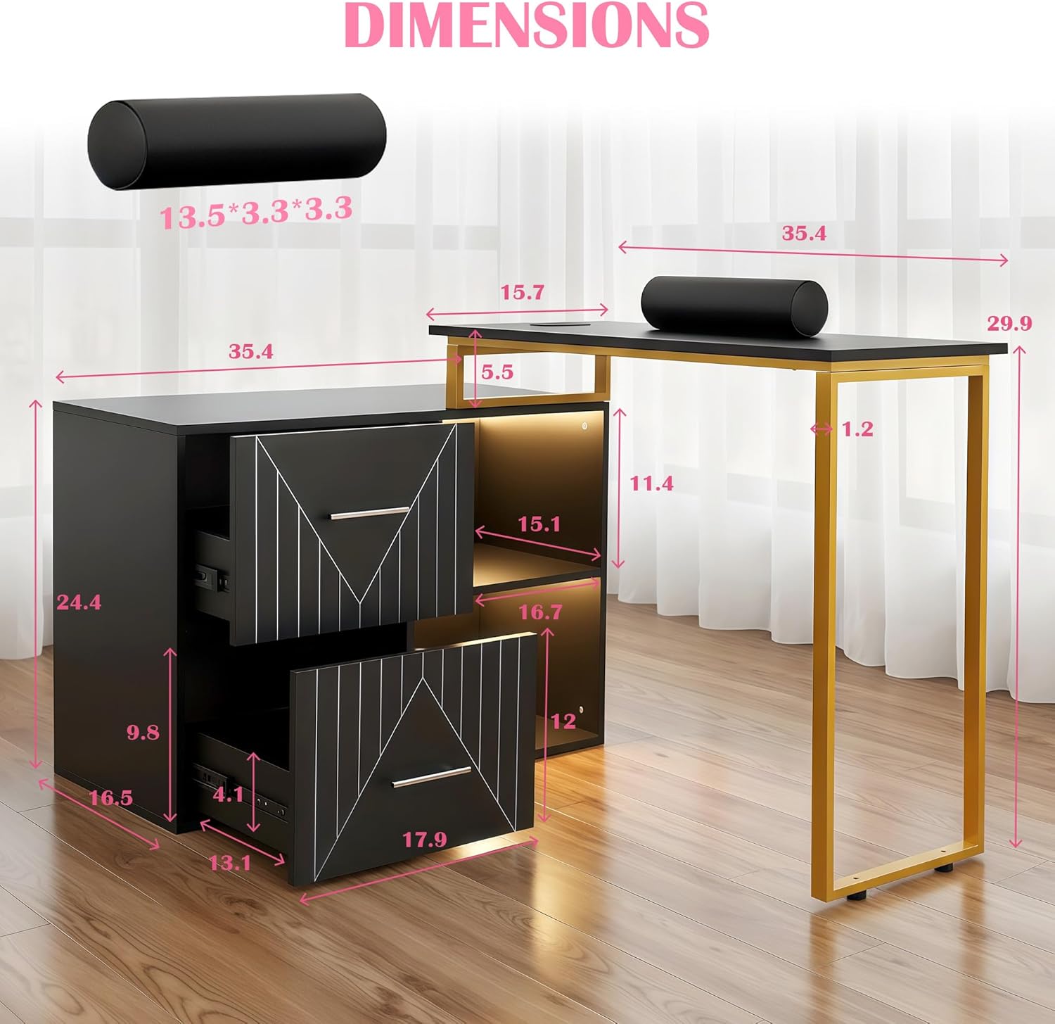Acetone Proof Manicure Table | Nail Tech Desk with Gold Handles & Built‑in Power Strip