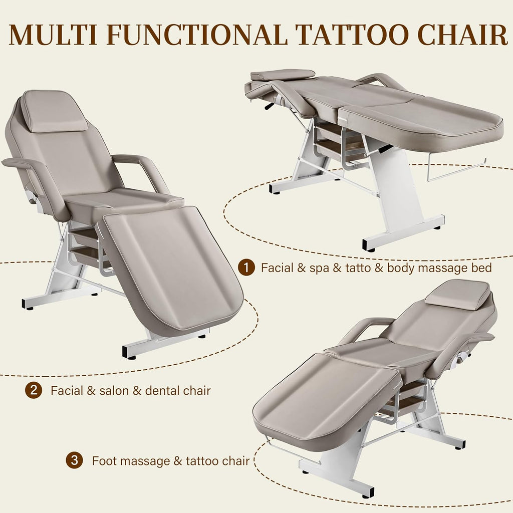 Multi-Use Facial Tattoo Chair | 3-Section Lash Bed Massage Table with Hydraulic Stool