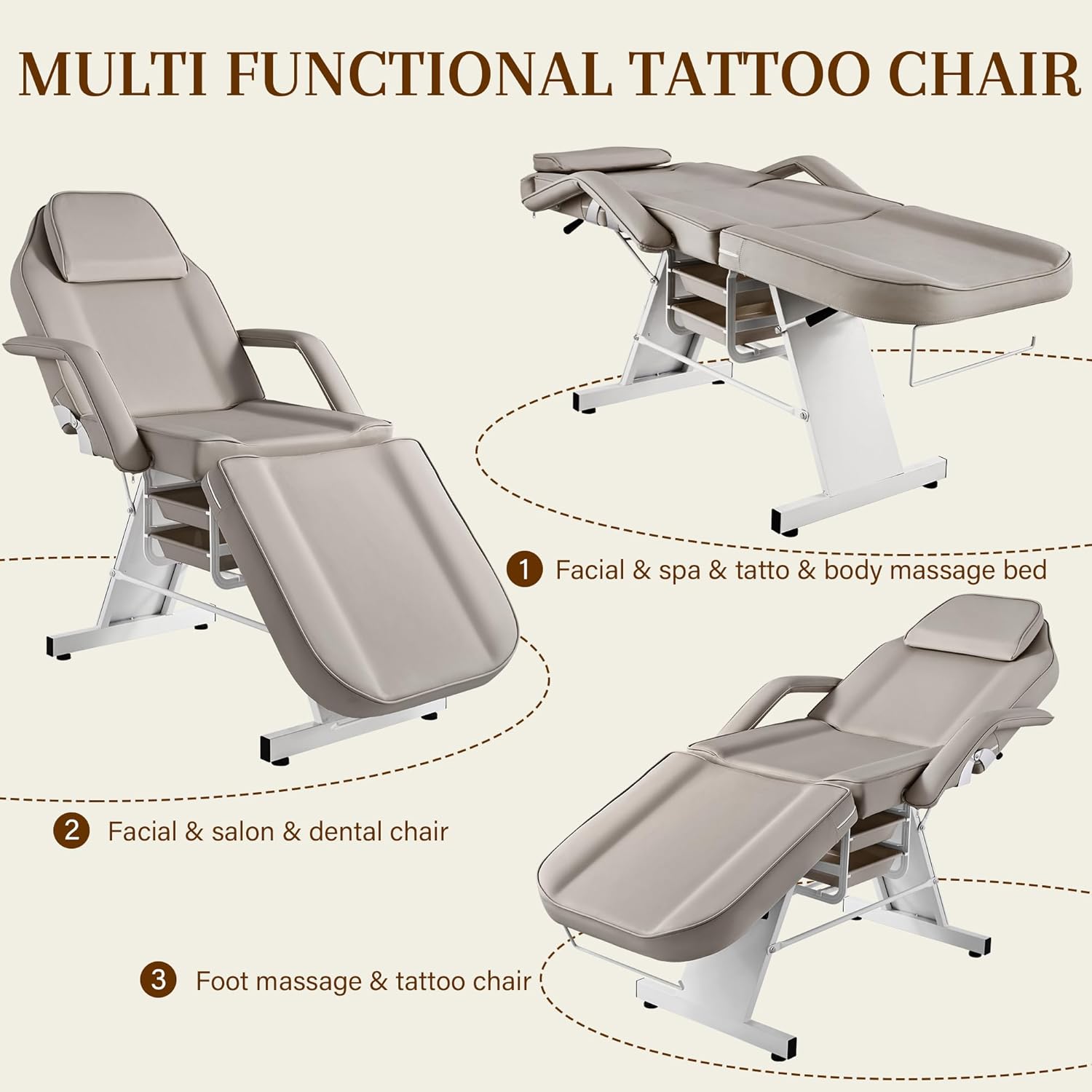 Multi-Use Facial Tattoo Chair | 3-Section Lash Bed Massage Table with Hydraulic Stool