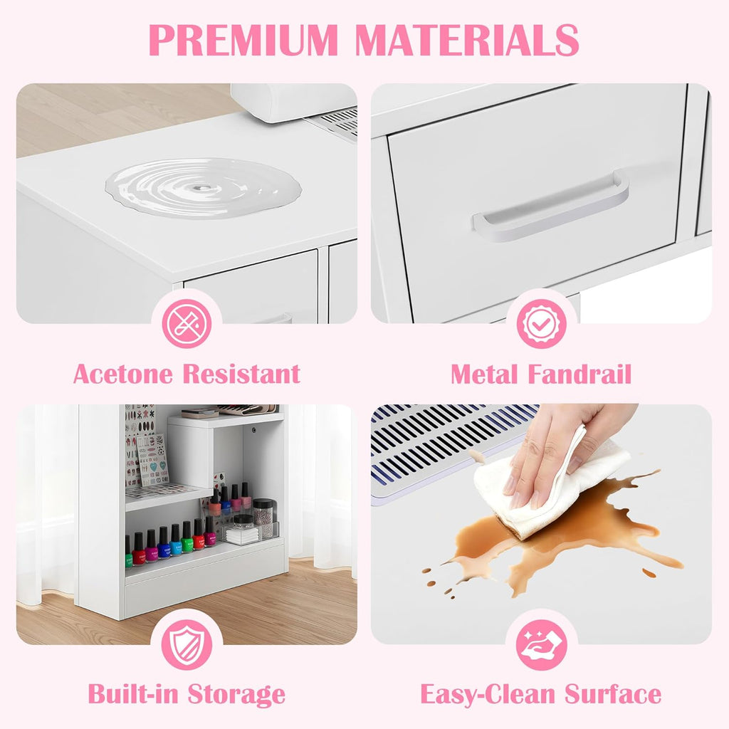 Acetone Proof Manicure Table | Nail Tech Desk with Dust Collector & Storage Drawers