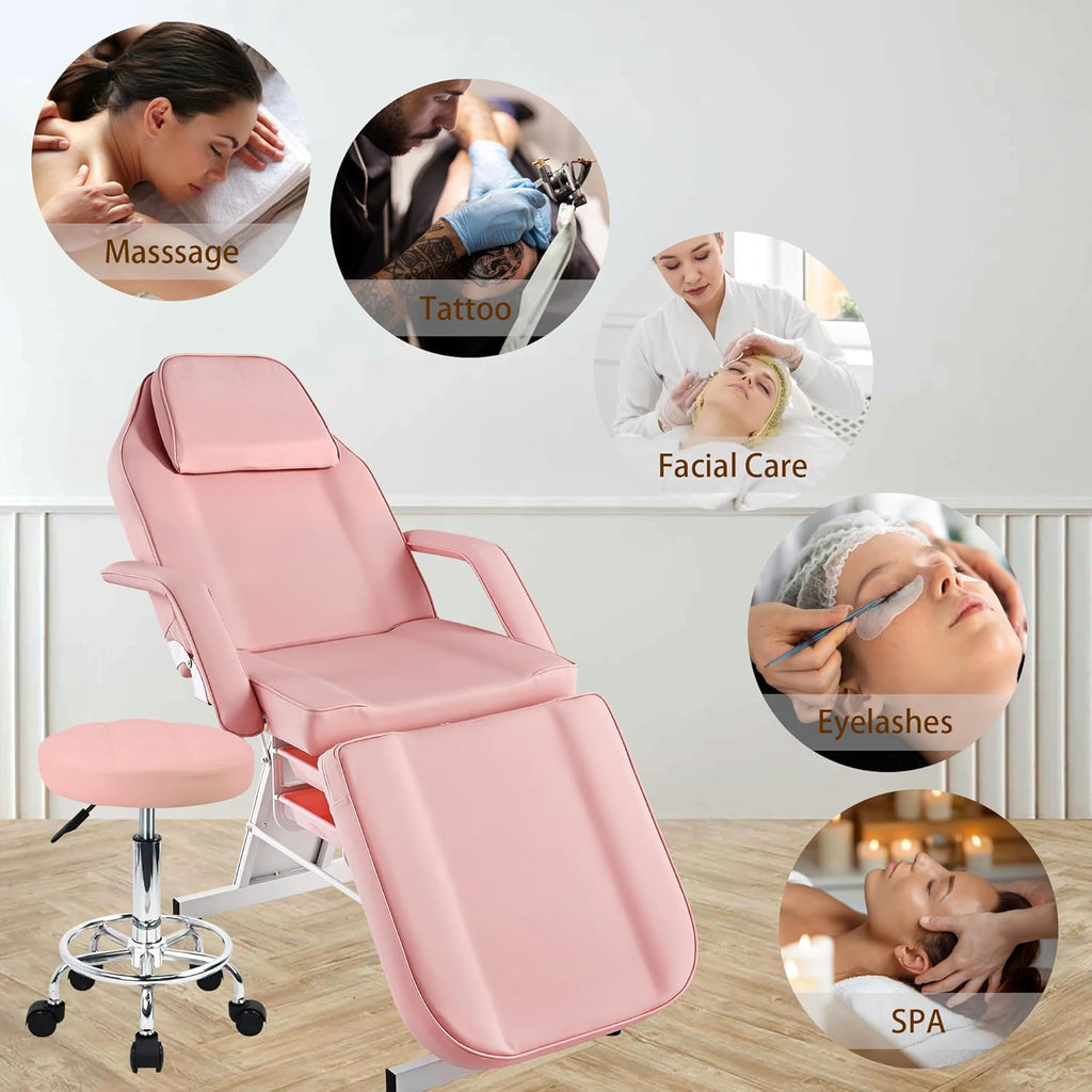 Multi-Use Facial Tattoo Chair | 3-Section Lash Bed Massage Table with Hydraulic Stool