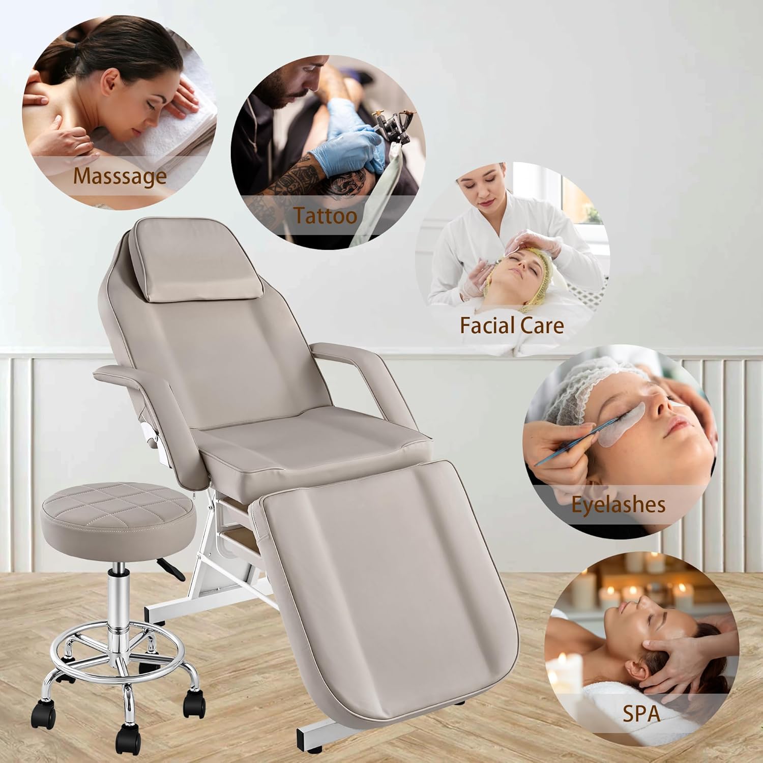 Multi-Use Facial Tattoo Chair | 3-Section Lash Bed Massage Table with Hydraulic Stool
