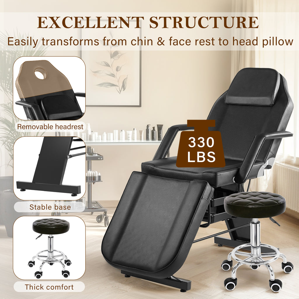 Multi-Use Facial Tattoo Chair | 3-Section Lash Bed Massage Table with Hydraulic Stool