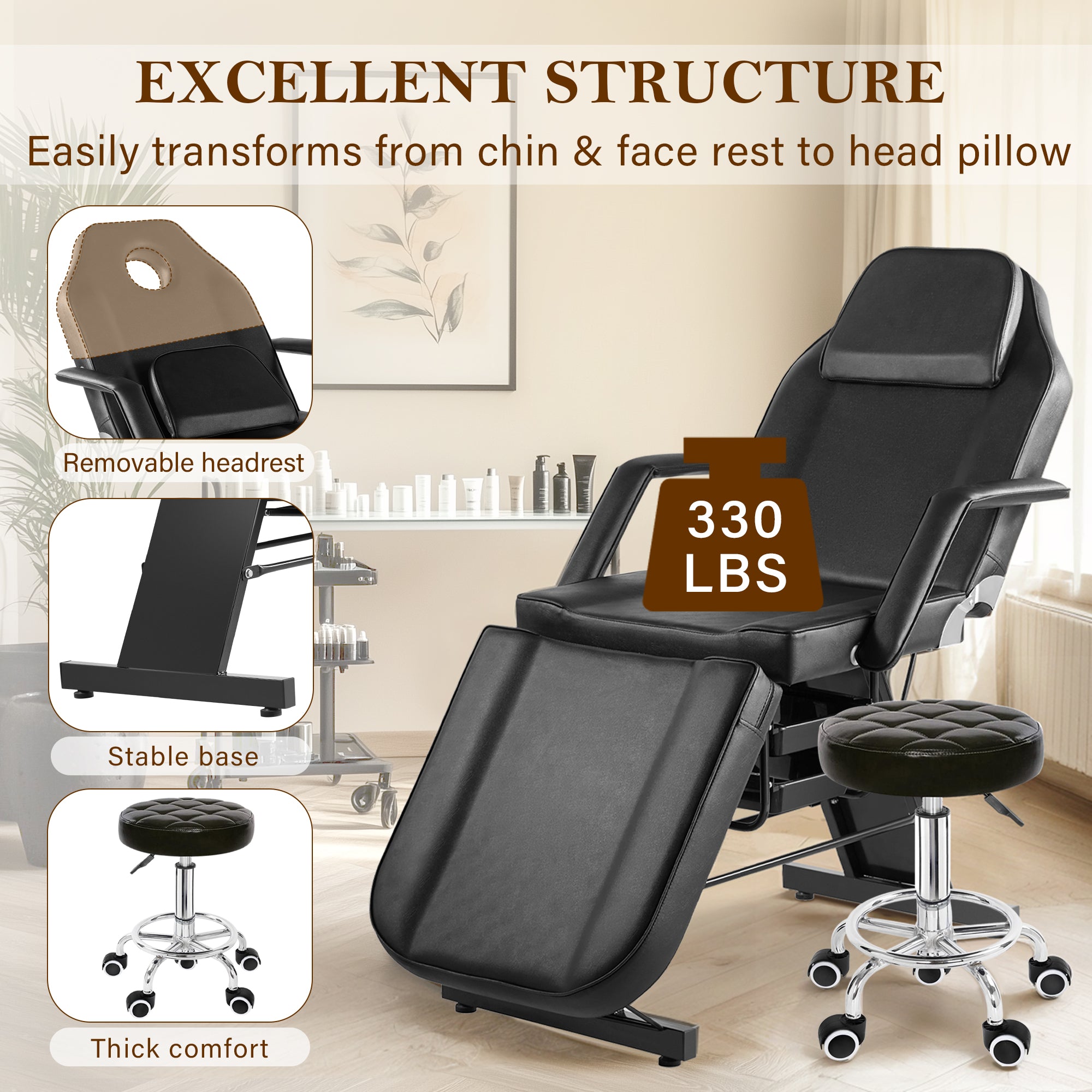 Facial Tattoo Chair, Esthetician Lash Bed Multi-use Tattoo Massage Table for Artist with Hydraulic Stool