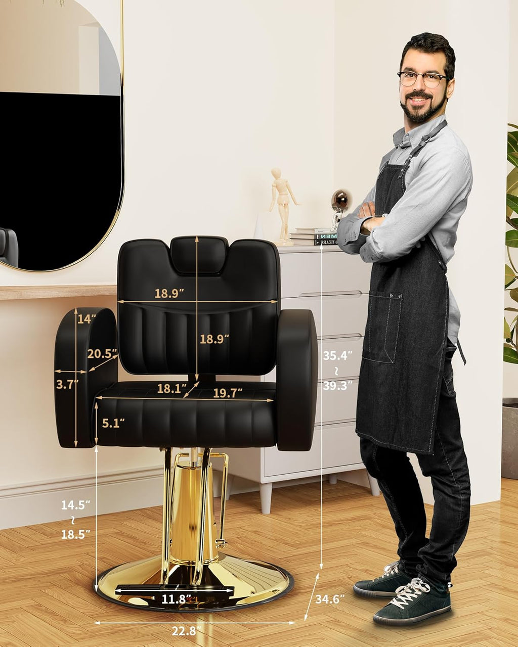 【Hicomony】Black & Gold Hydraulic Salon Chair | 440LBS Reclining Barber Chair with Removable Headrest