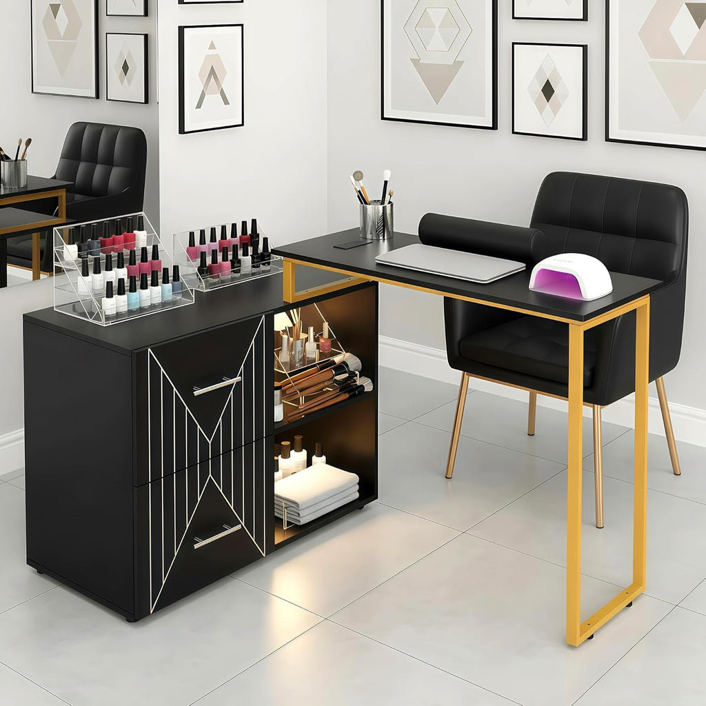 Acetone Proof Manicure Table | Nail Tech Desk with Gold Handles & Built‑in Power Strip