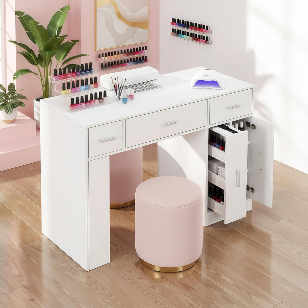 Acetone Proof Manicure Table | Nail Tech Desk with Dust Collector & Storage Drawers