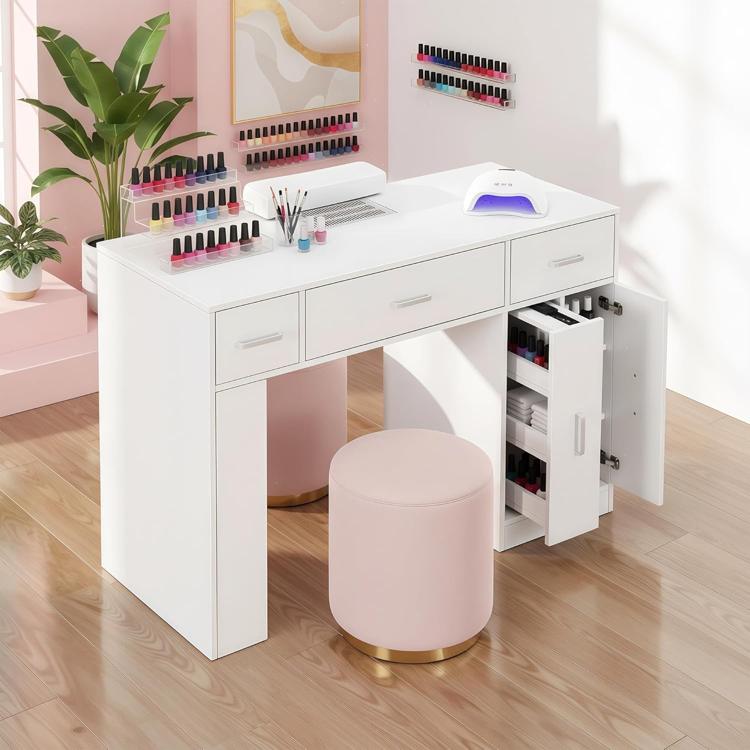 Manicure Table,Beauty Salon Workstation with Storage Drawers & Cabinet,Nail Tech Desk with Resistant