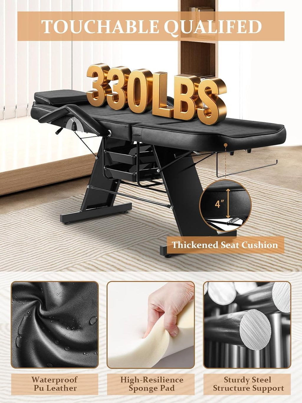 Tattoo Chair Bed with Rolling Stool & Storage Basket