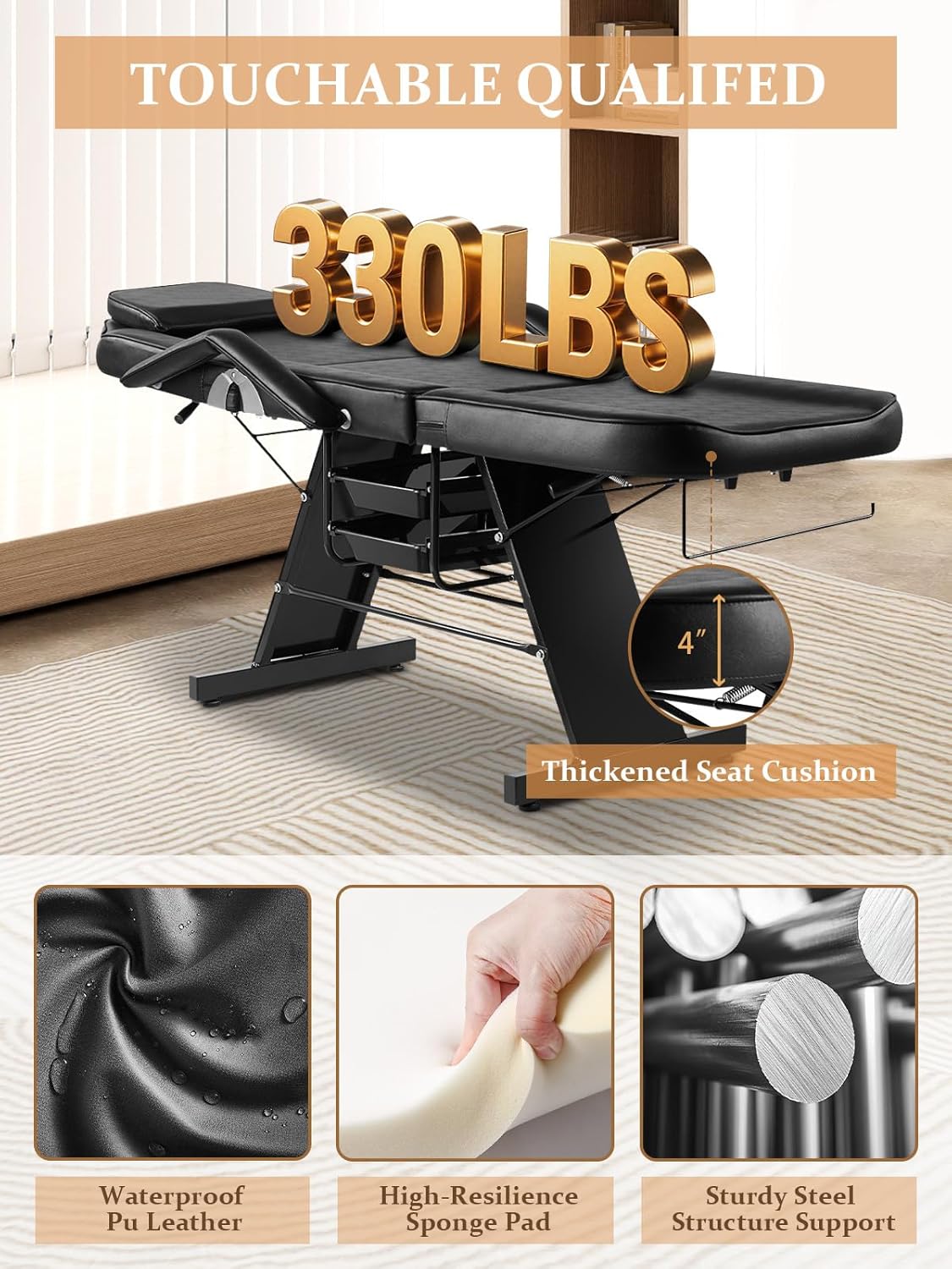Tattoo Chair Bed with Rolling Stool & Storage Basket