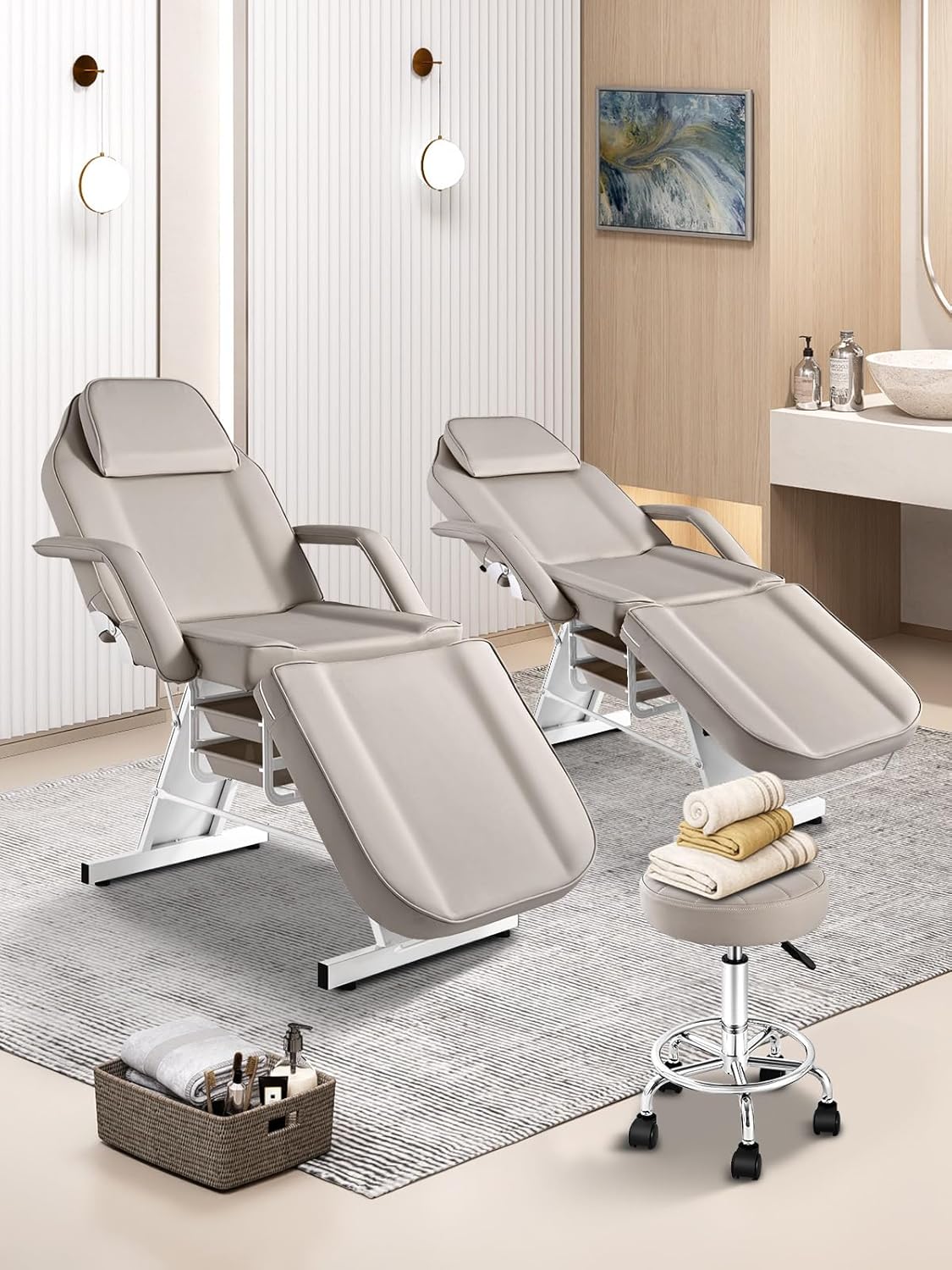Tattoo Chair Bed with Rolling Stool & Storage Basket