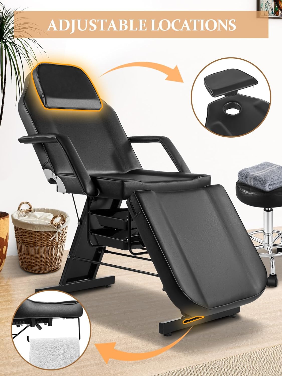 Tattoo Chair Bed with Rolling Stool & Storage Basket