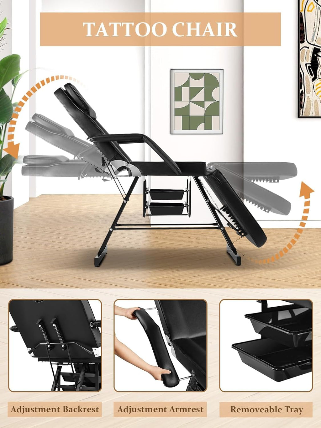 Tattoo Chair Bed with Rolling Stool & Storage Basket