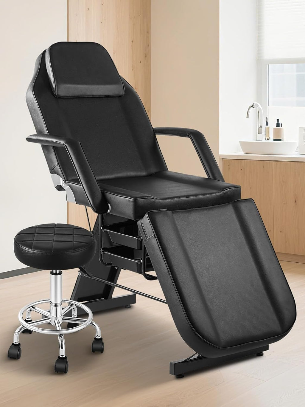 Tattoo Chair Bed with Rolling Stool & Storage Basket