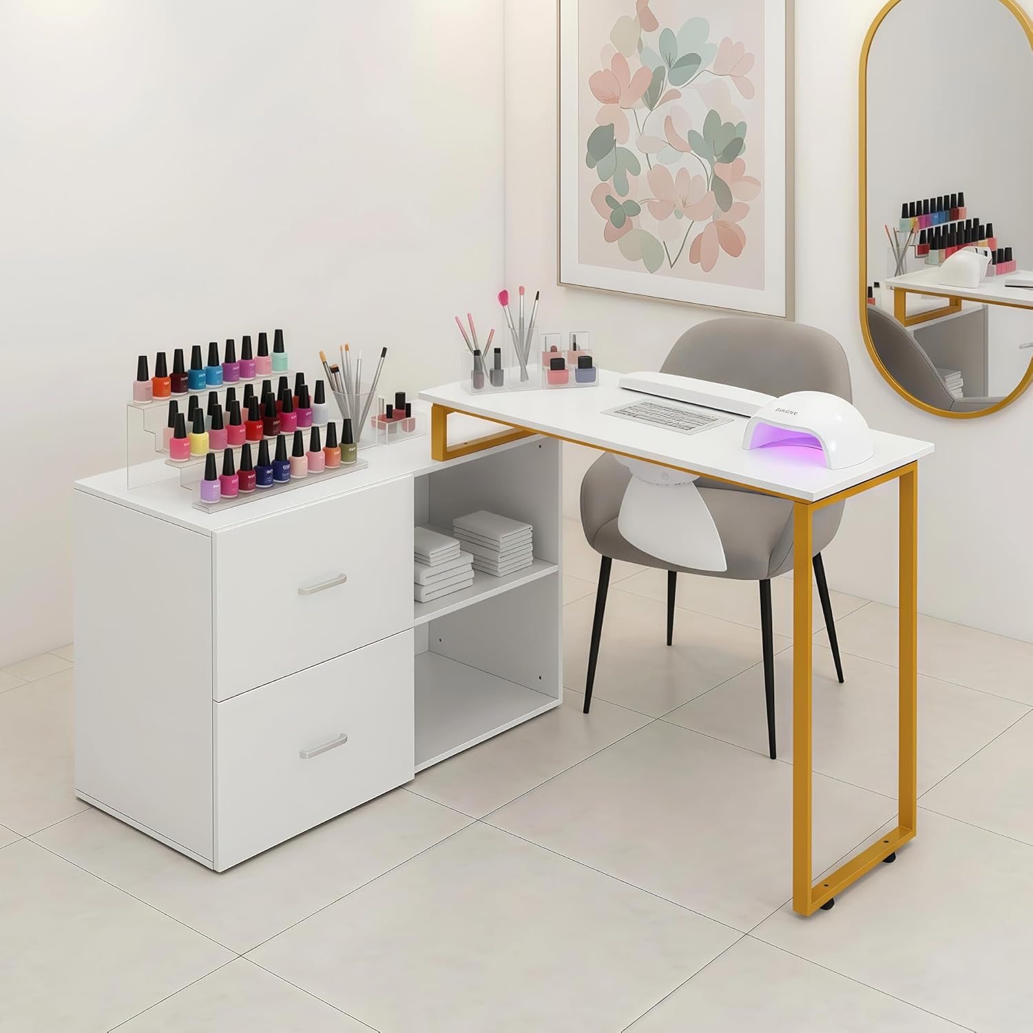 Acetone Proof Manicure Table | Nail Tech Desk with Gold Handles & Built‑in Power Strip