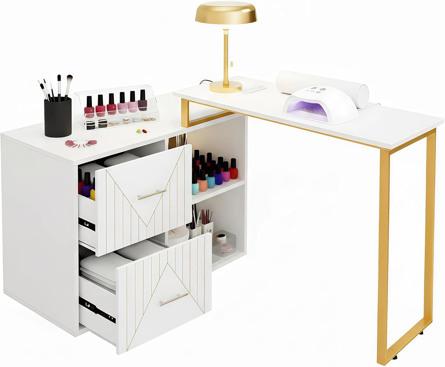Manicure Table Nail Desk, Acetone Proof Nail Tech Desk with Gold Plated Handles, 2-Drawer Manicure Station